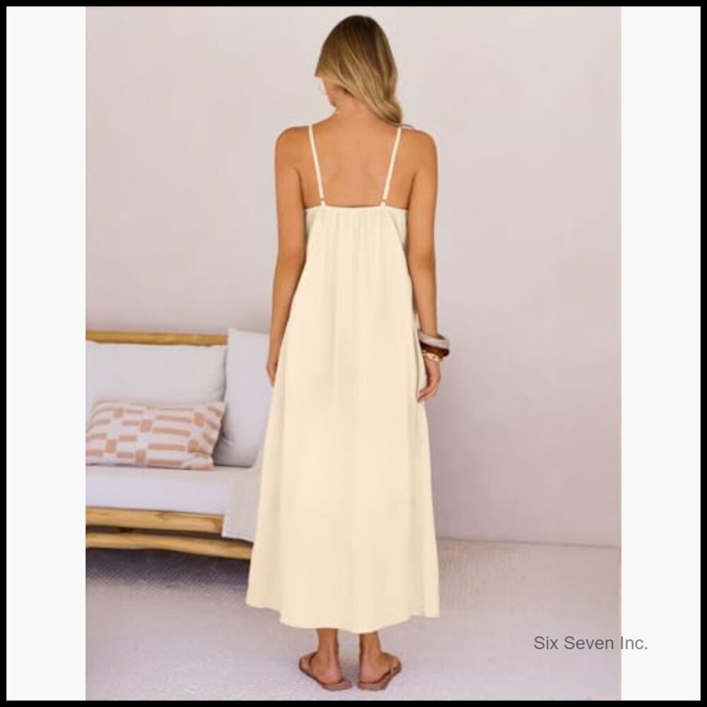 Linen Blend Maxi Sundress with Spaghetti Straps and Pockets - Picture 5 of 7